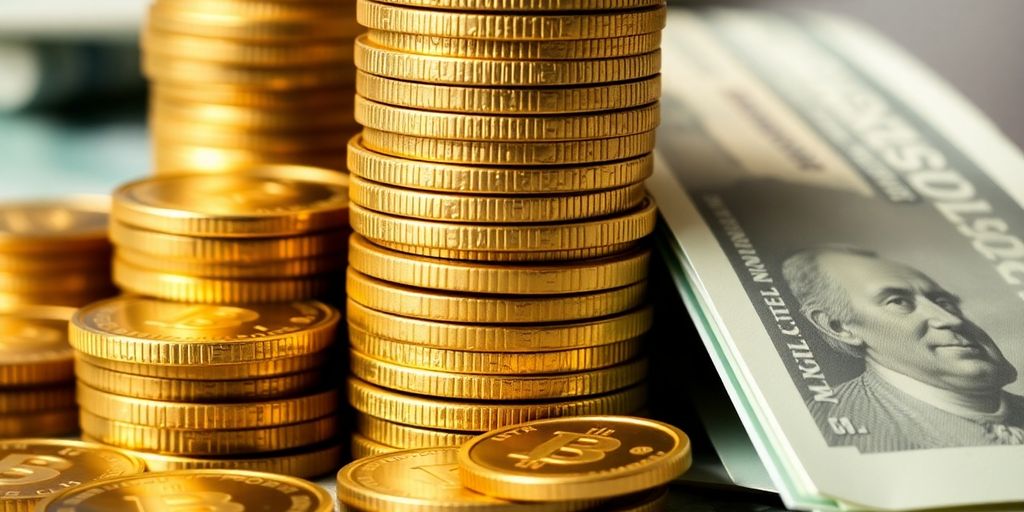 Pile de pièces d'or et billets de banque