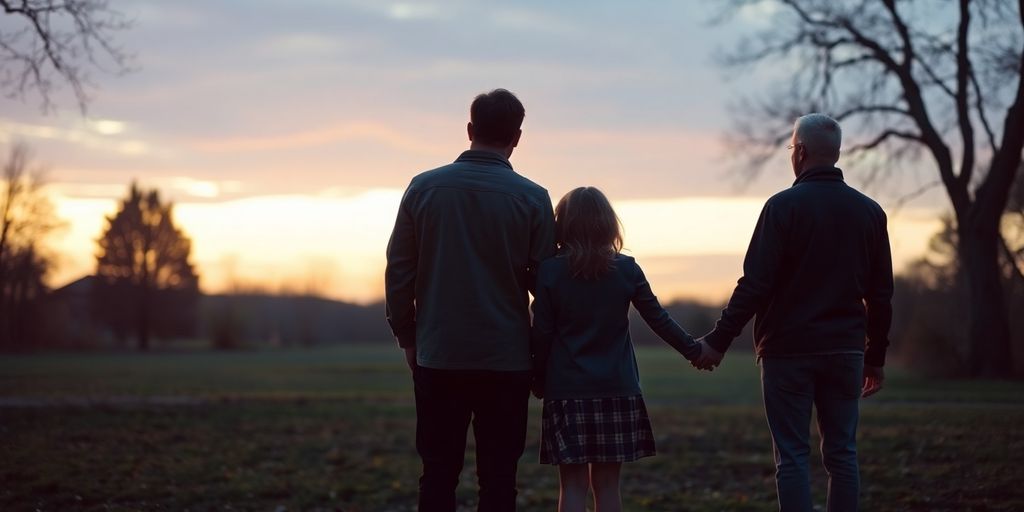 Grieving family in a park during sunset.