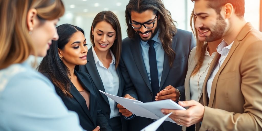 Diverse professionals collaborating on financial documents in office.