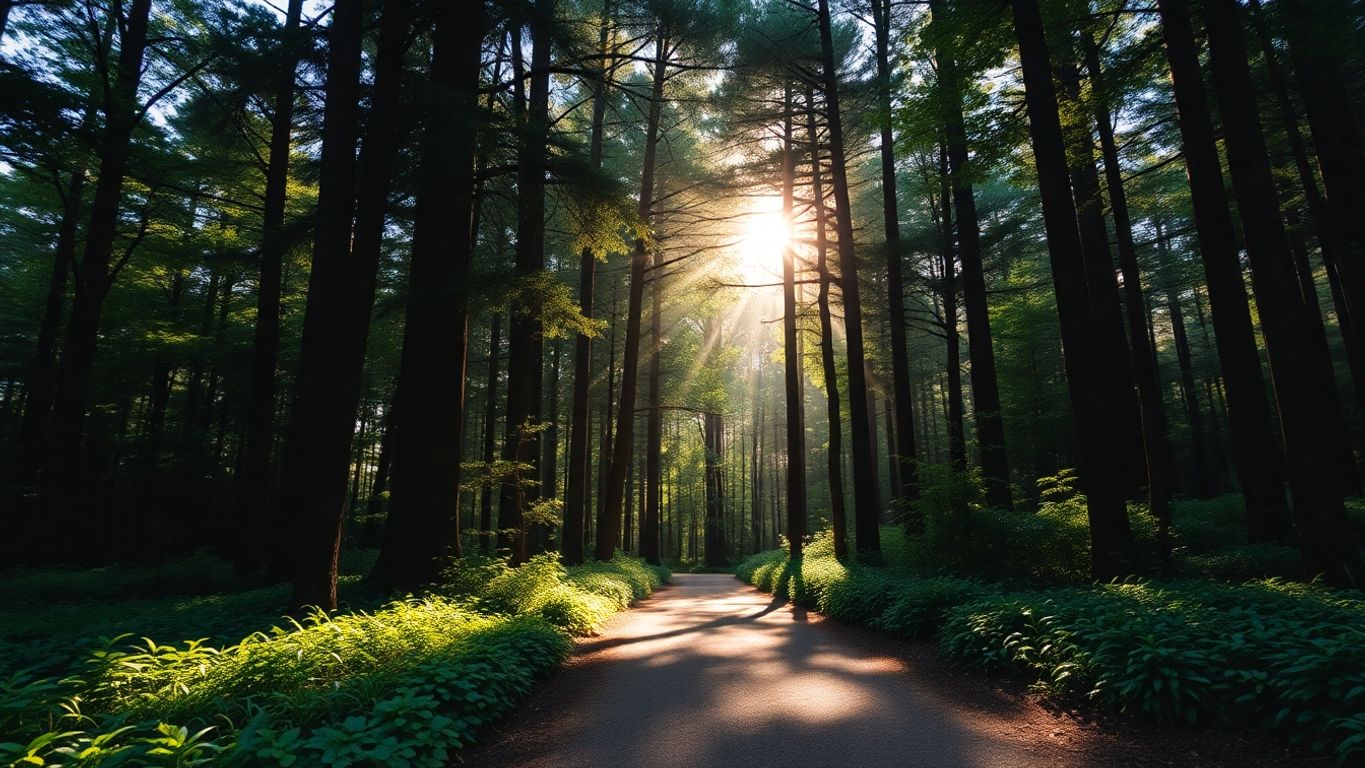 Peaceful forest path with sunlight and lush greenery.