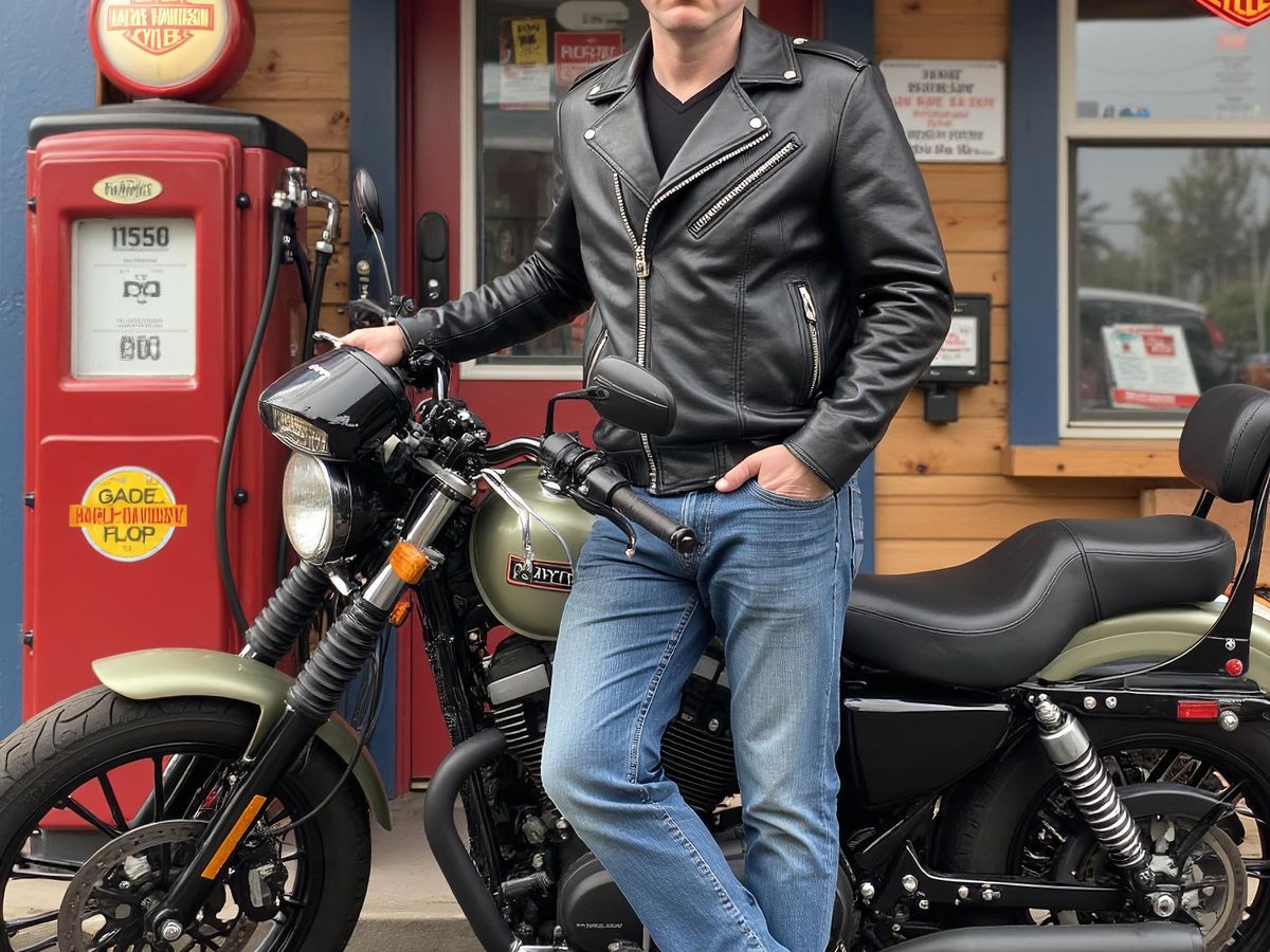 A person poses next to a motorcycle in front of a shop.