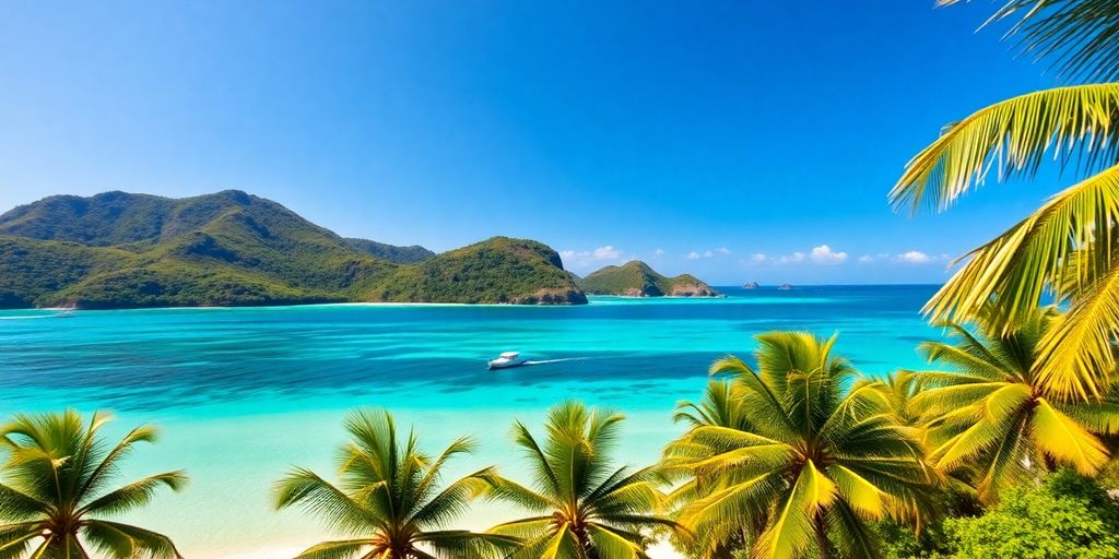 Lush green island with a tranquil blue lagoon