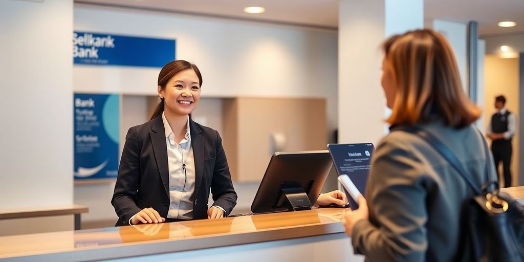 Person smiling, helping customer at bank counter.