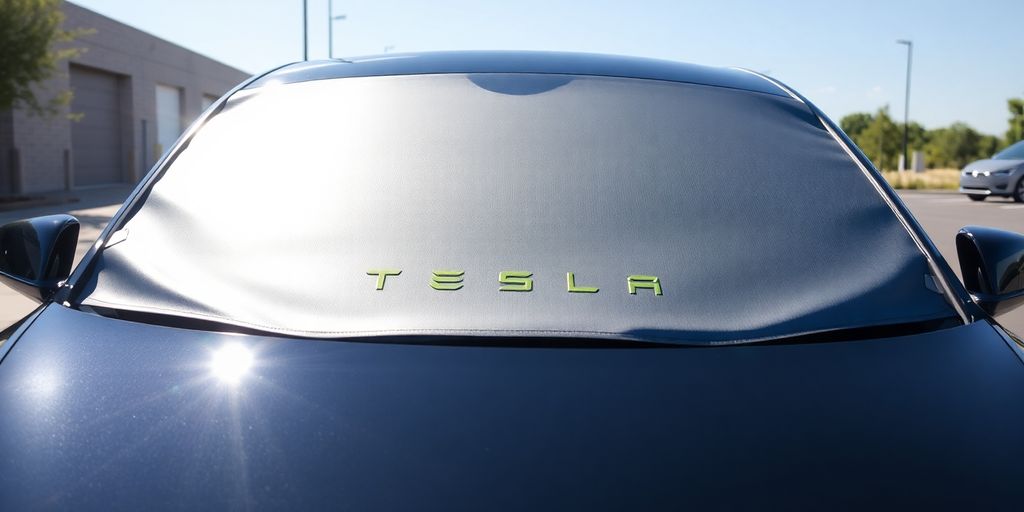 Tesla windshield cover protecting car from sun.