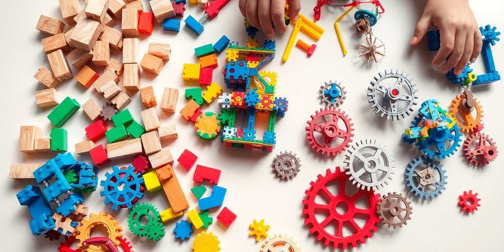 Verscheidenheid aan bouwspeelgoed zoals blokken, bakstenen en magnetische sets.