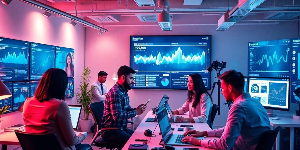 Profissionais de marketing digital em um escritório moderno.