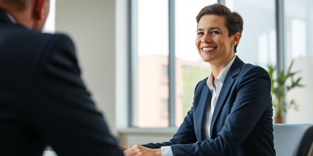 Person looks confidently at interviewer.