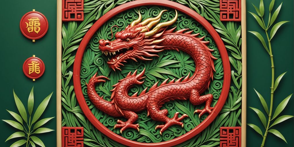 Mahjong tile with dragon and bamboo leaves