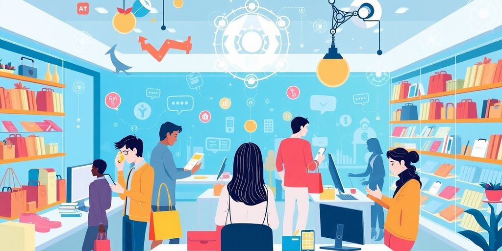 Diverse online shopping activities with AI technology elements.