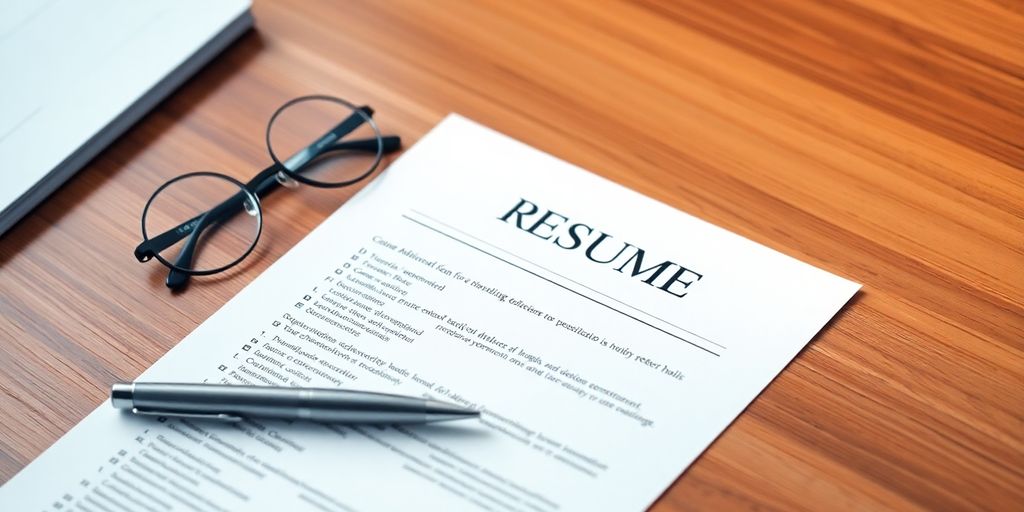 Polished resume, pen, and glasses on wooden desk.