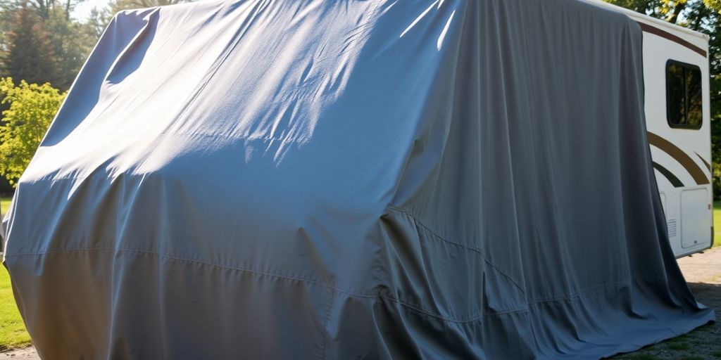 Multi-layer RV cover on a recreational vehicle in sunlight.