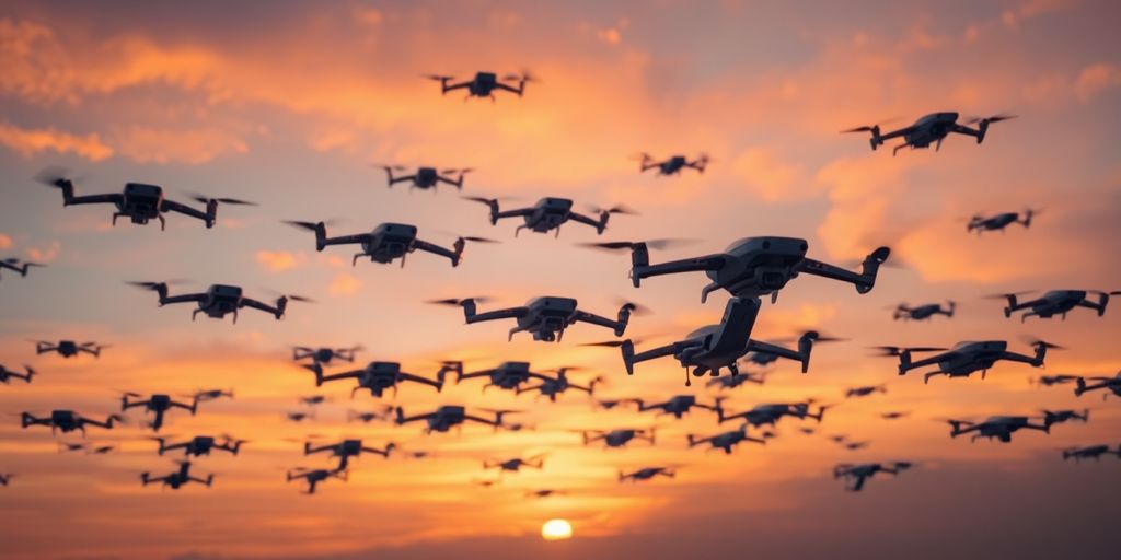 Drone swarm flying in formation against a sunset.