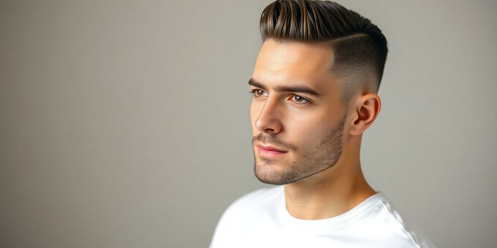 Stylish man with a clean haircut and neutral background.