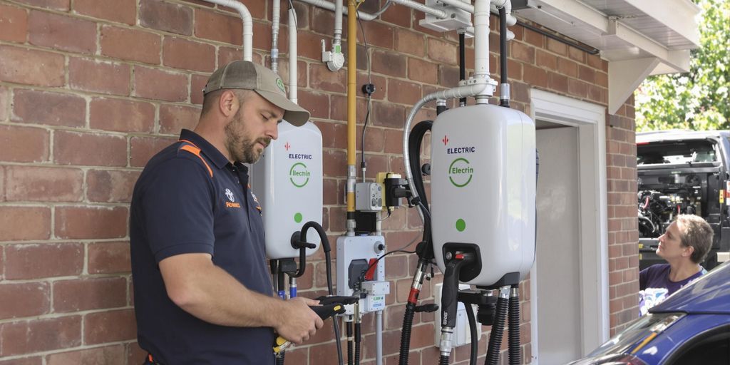 Electrician examining EV charger in a garage.