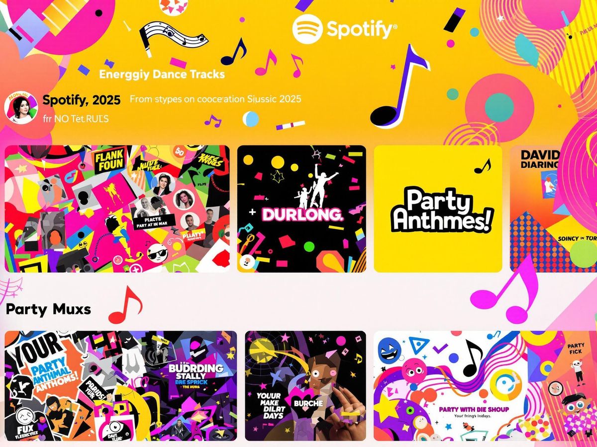 Colorful music notes and abstract shapes for party vibes.