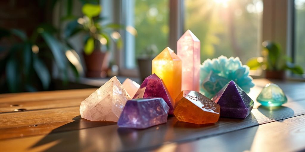 Cristalli colorati su un tavolo di legno