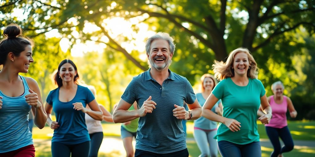 Diverse group exercising together outdoors happily.