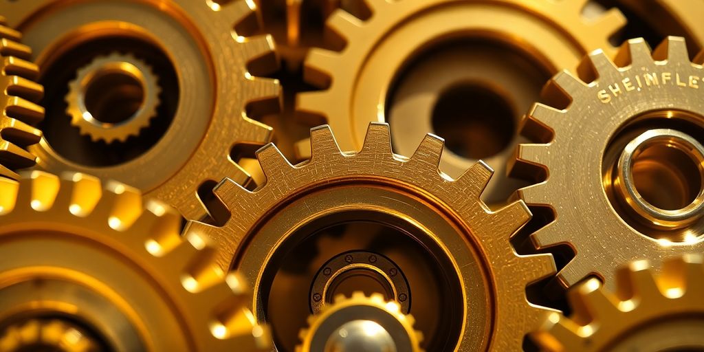 Golden gears turning smoothly, intricate mechanism.