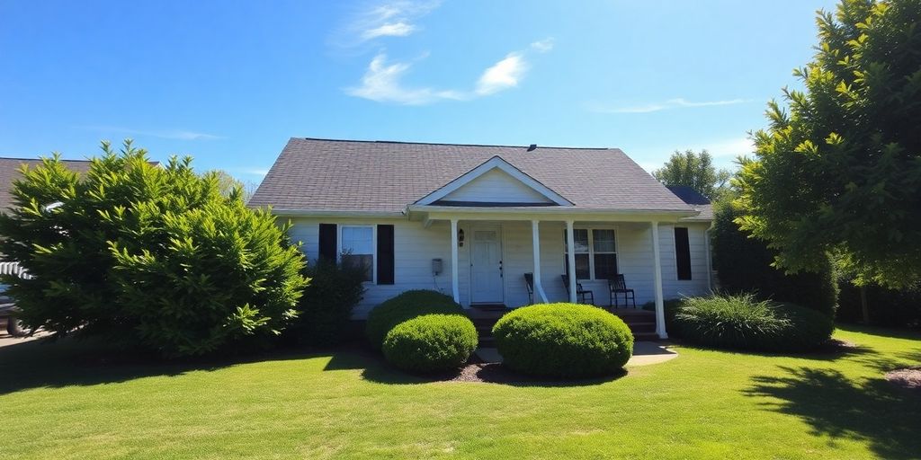 Cozy house with a well-maintained lawn and blue sky.