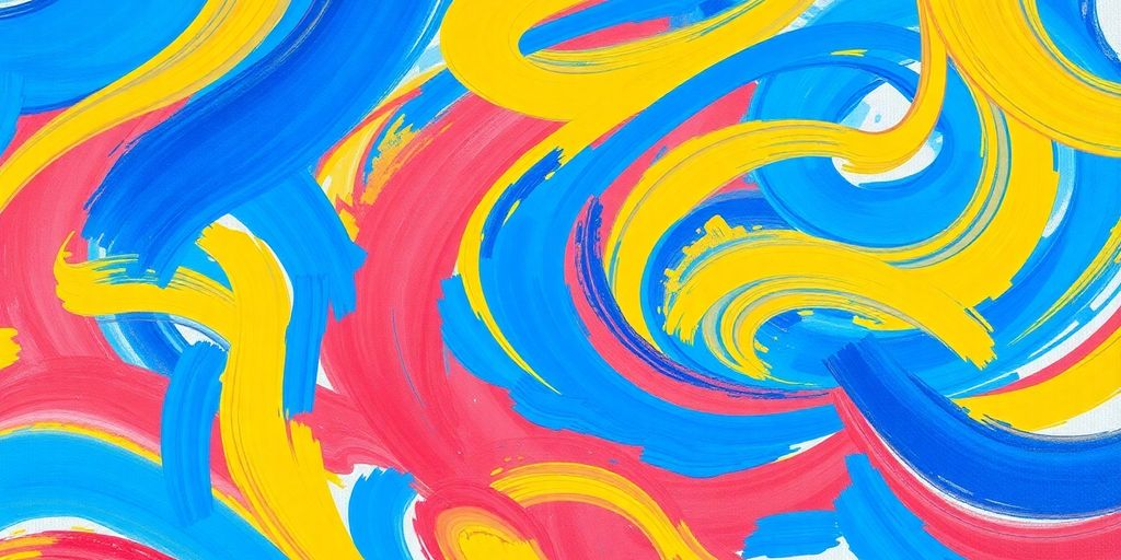 Colorful abstract painting with bold swirls and brush strokes.