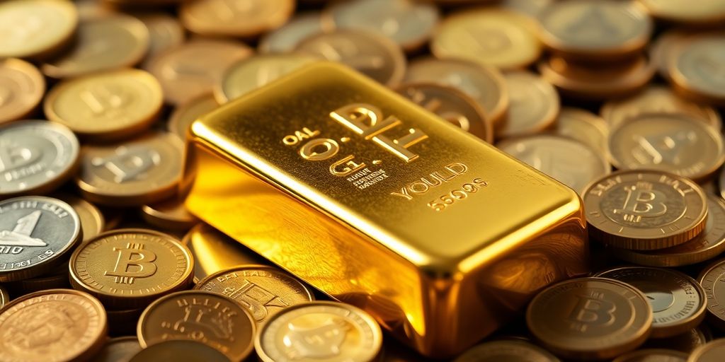 Lingot d'or sur un lit de pièces de monnaie.