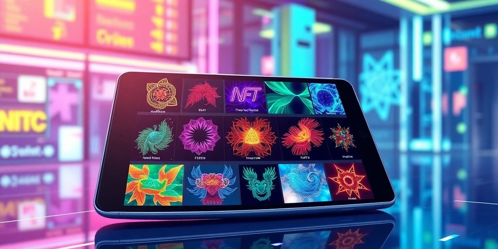 Colorful digital art pieces on a modern device.