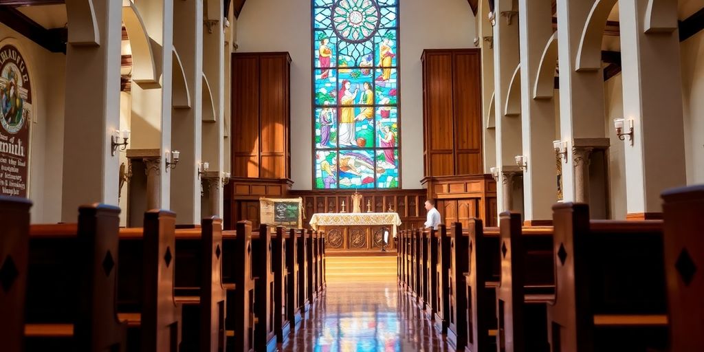 Clean church interior with polished altar and stained glass windows.