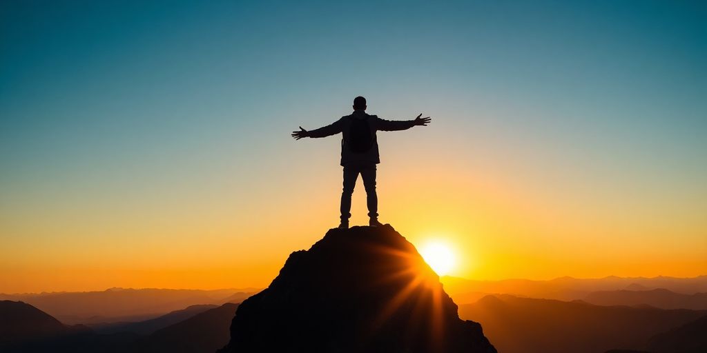 Leader's silhouette, mountain peak, sunset.