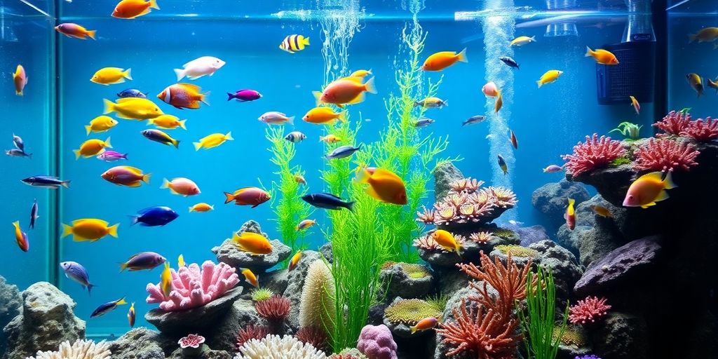 Colorful saltwater aquarium with fish and corals.