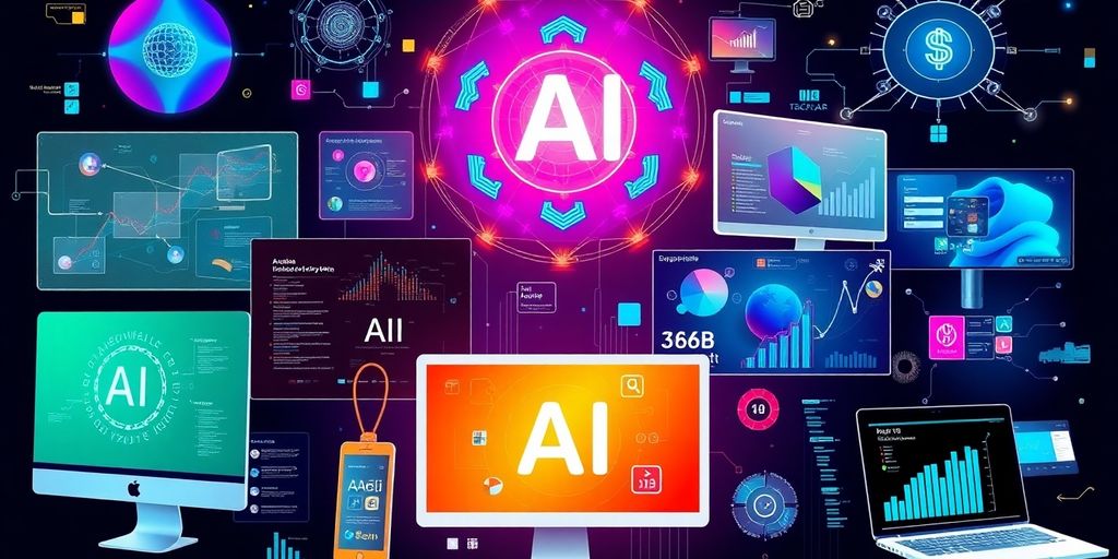 Colorful AI technology collage with digital devices.