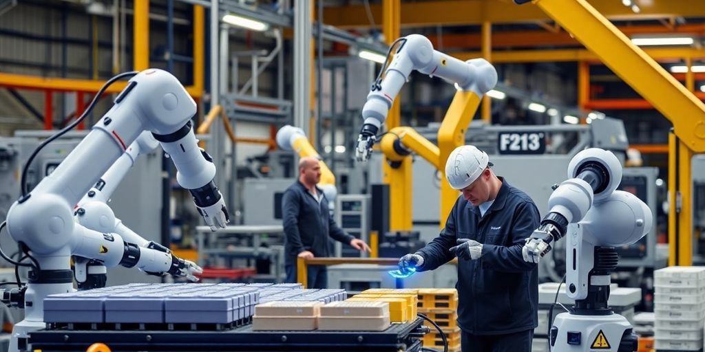Robotic arms in a manufacturing plant with AI technology.