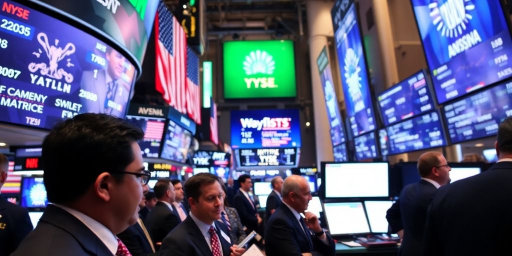 Traders on a busy stock exchange floor engaged in transactions.