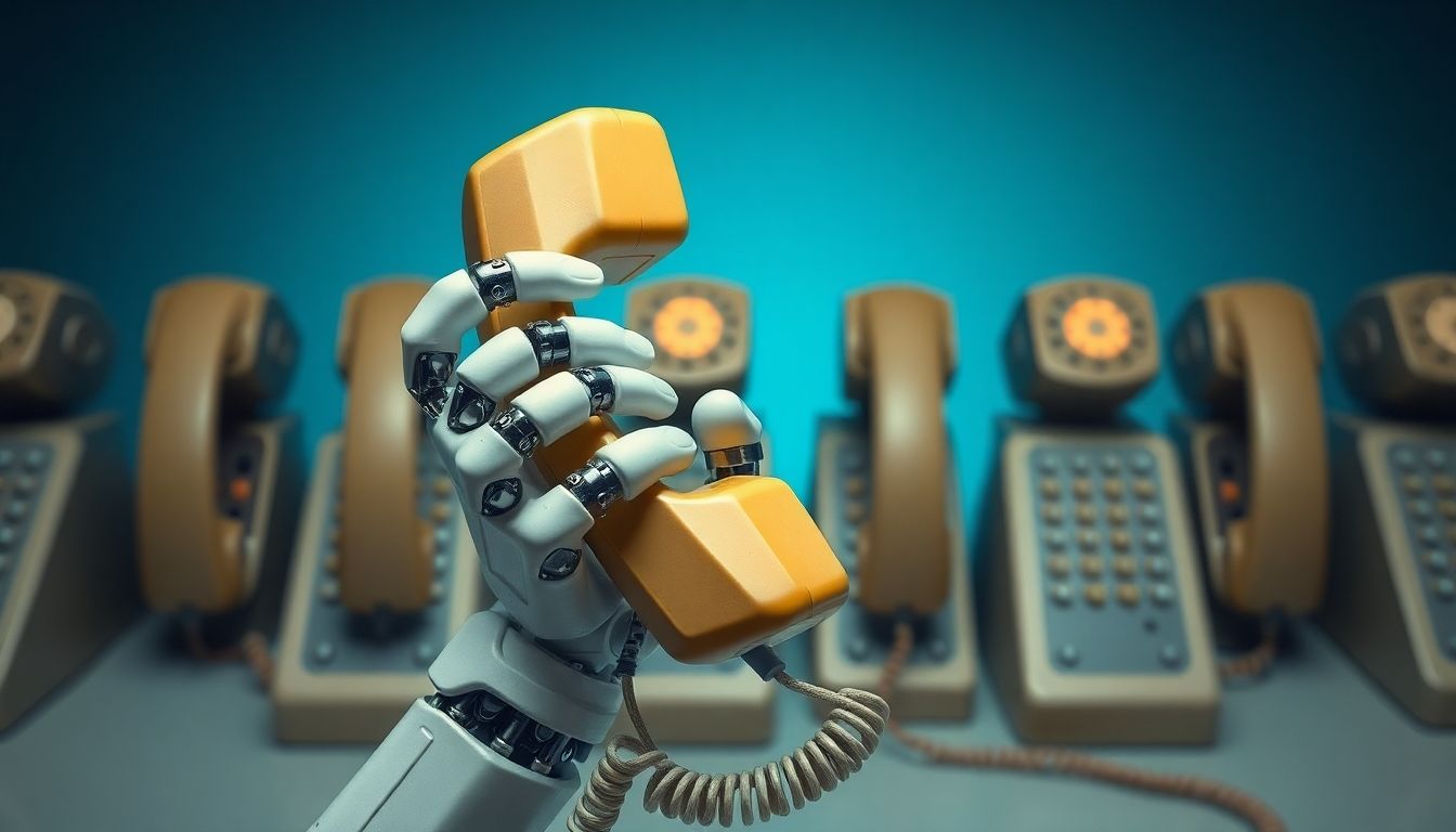 A confused robot holding a phone, surrounded by ringing phones.