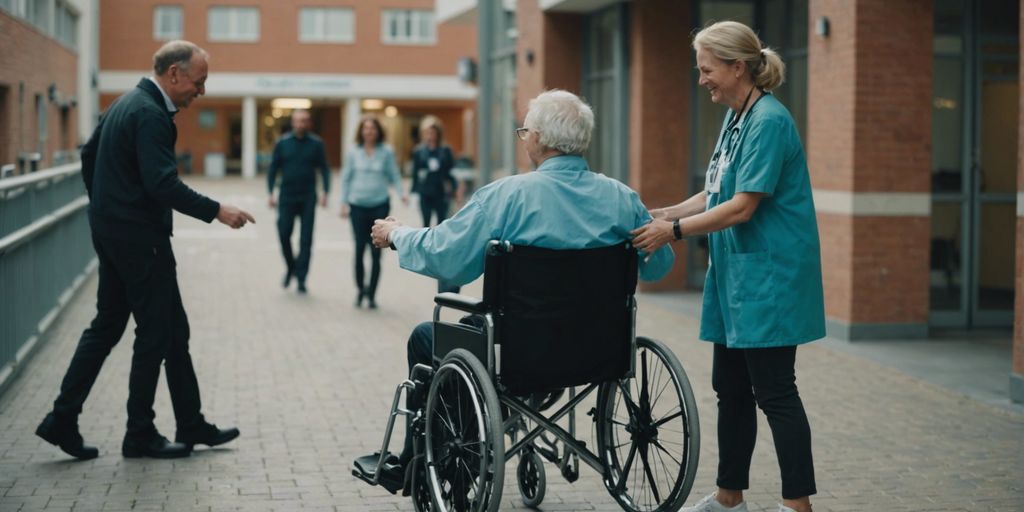 Happy patient being discharged, family member pushing wheelchair, medical equipment in background, highlighting rental benefits.