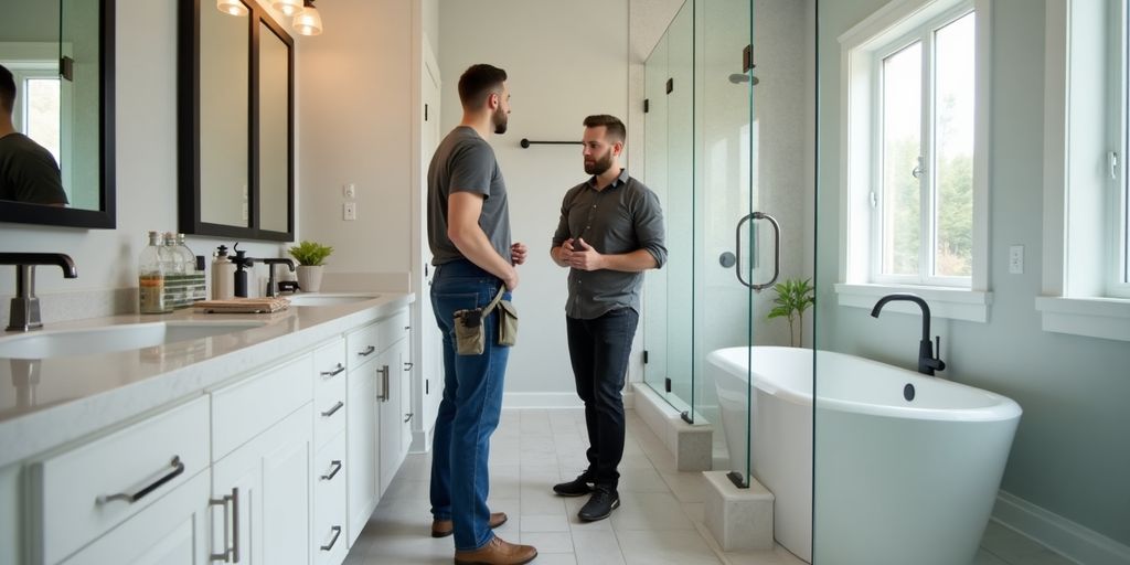 Contractor discussing bathroom remodeling timelines with homeowner.