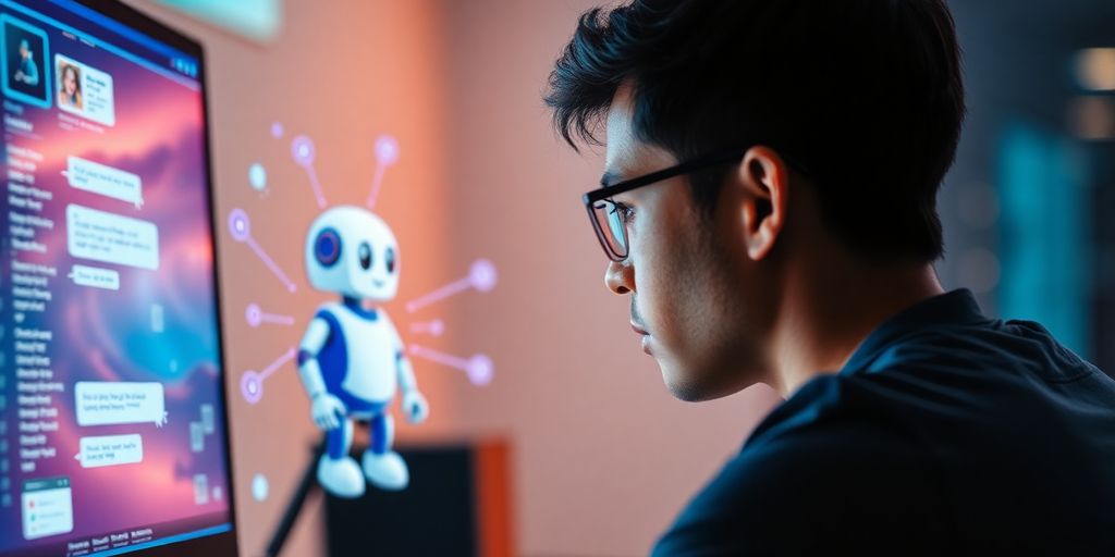 Pessoa desenvolvendo um chatbot em tela com robô amigável.