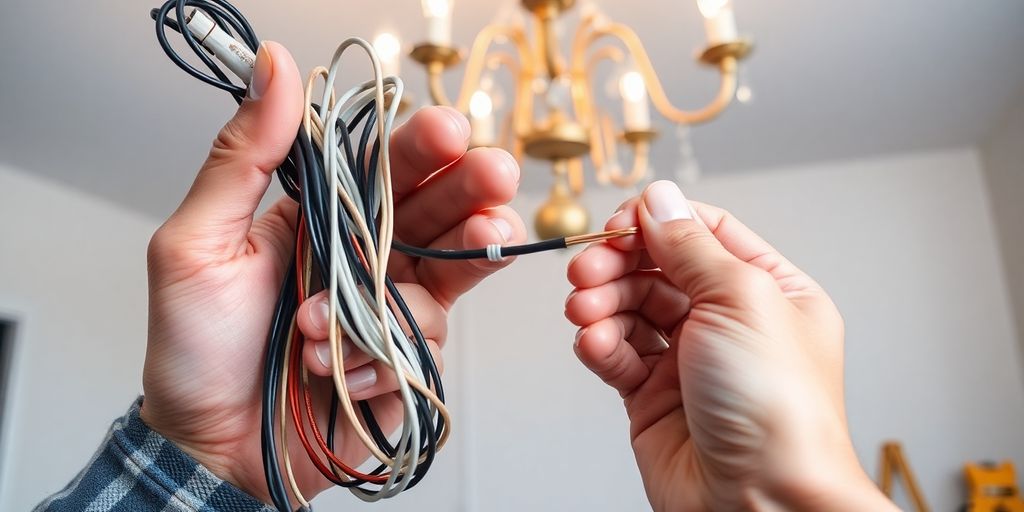 Hands connecting chandelier wires
