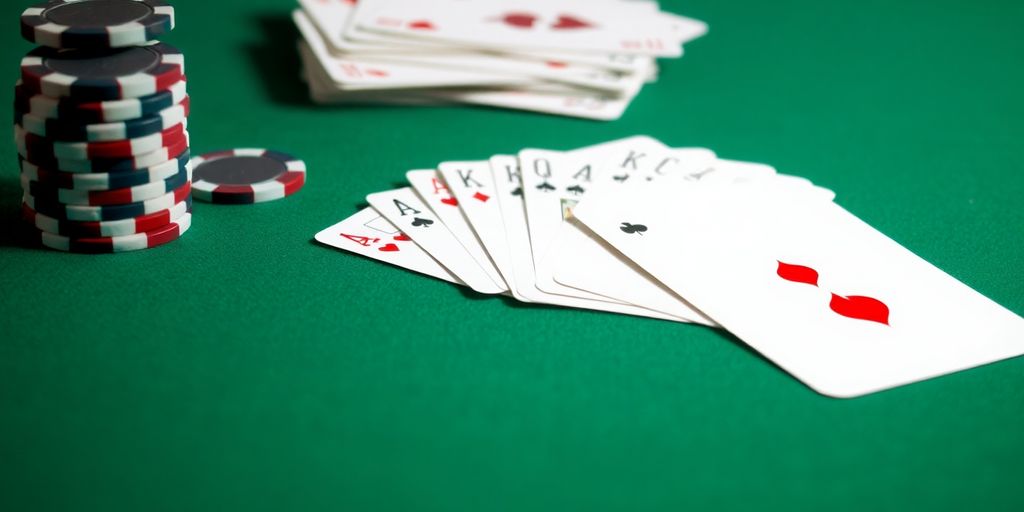Blackjack cards and chips on a felt table.