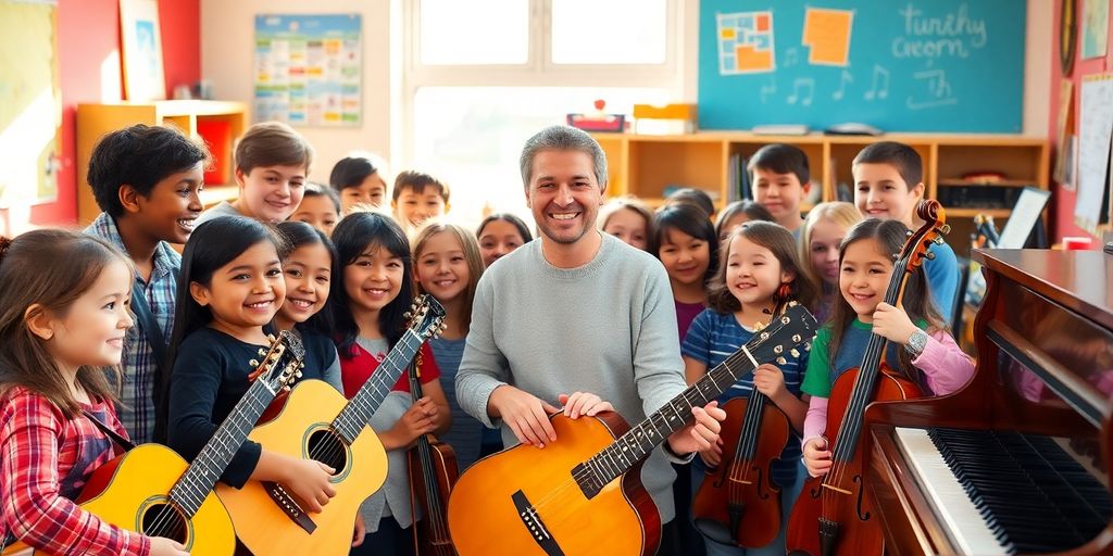 Teacher with students and musical instruments.