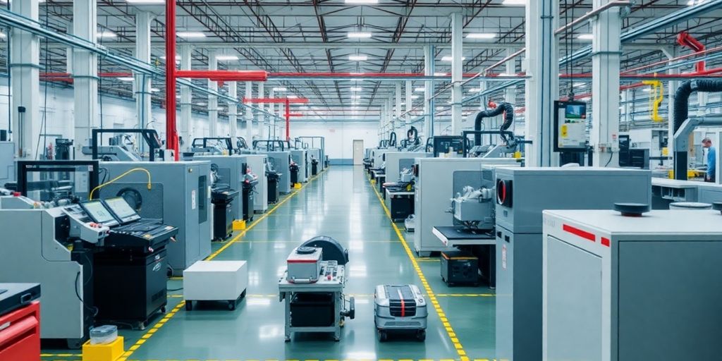 Modern manufacturing facility with advanced machinery and organized workspaces.