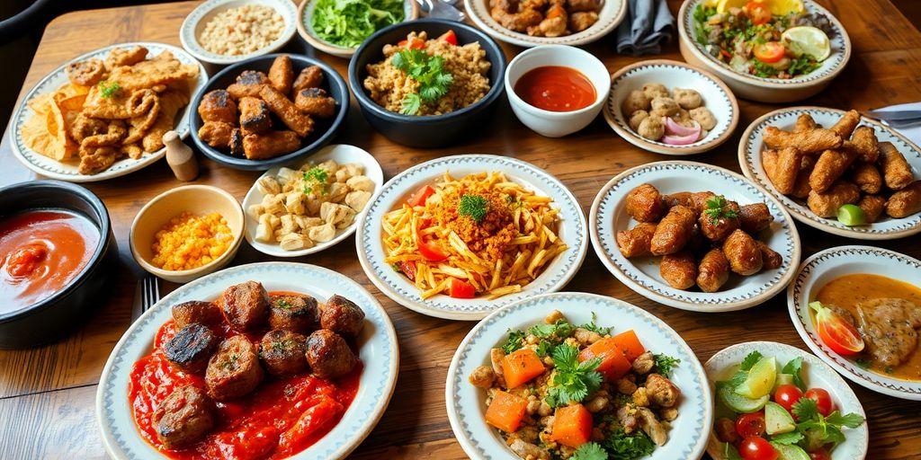 Delicious Turkish dishes arranged on a wooden table.