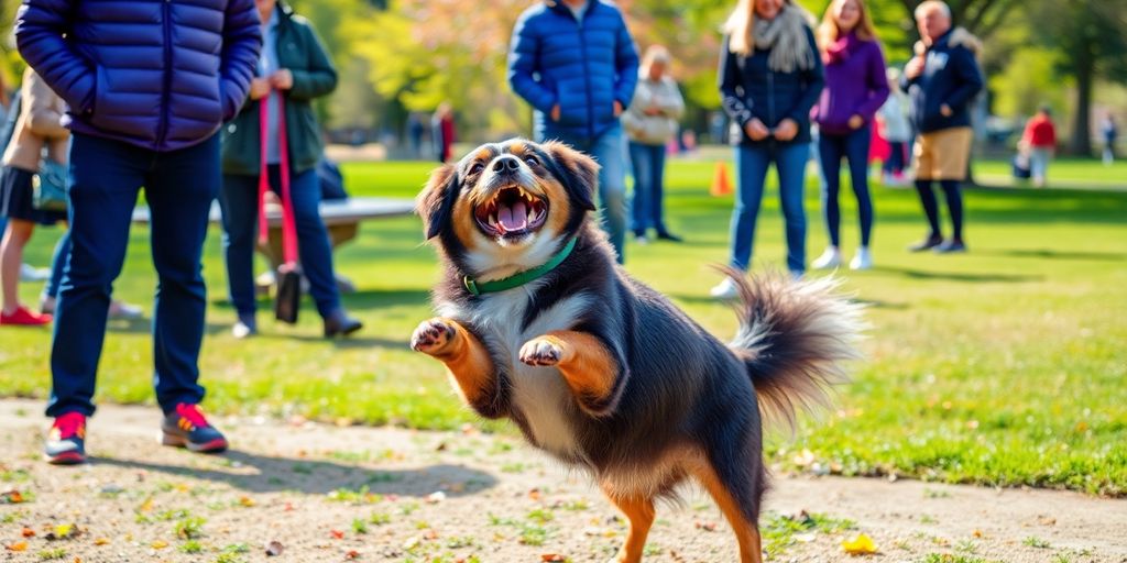 Dog performing tricks with owner in a sunny park.