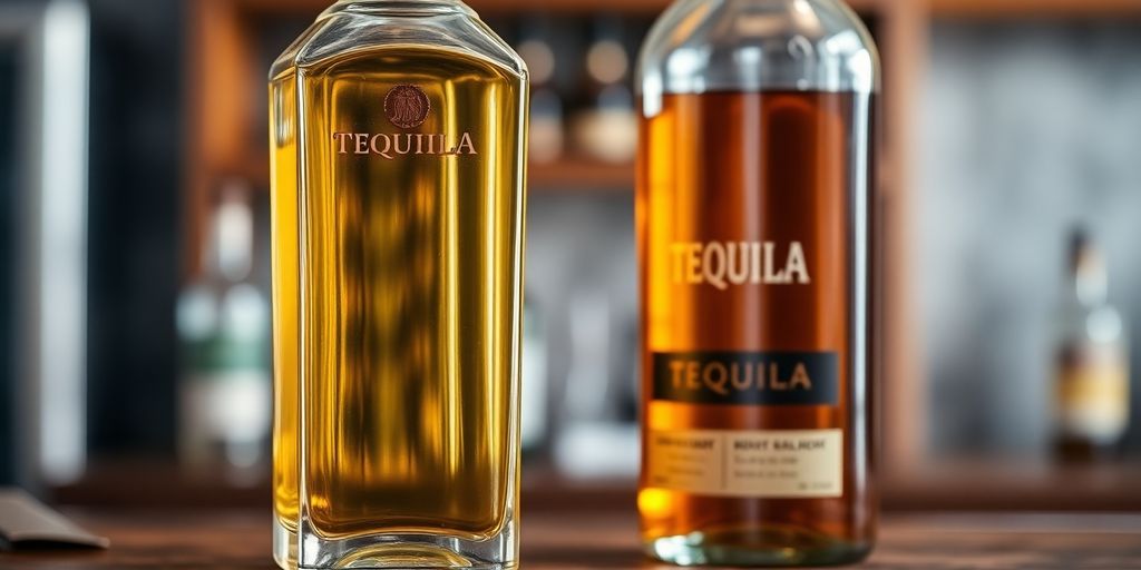 Zwei Tequilaflaschen auf Holztheke