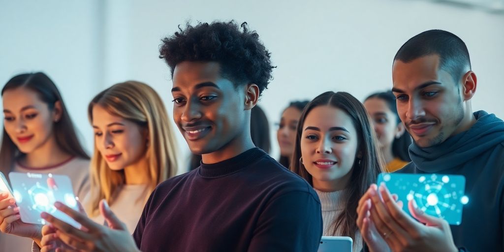 Diverse people interacting with glowing AI interfaces.