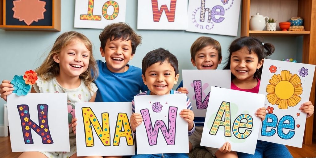 Children with colorful custom name art prints
