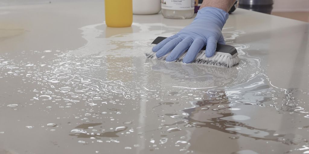 Person cleaning wet surface to prevent mold growth.
