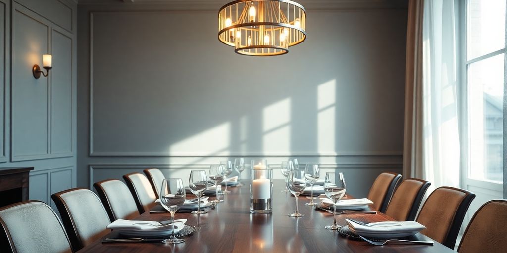 Modern dining room with a stylish chandelier.