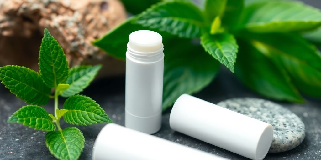 Natural deodorant stick with a leafy plant.