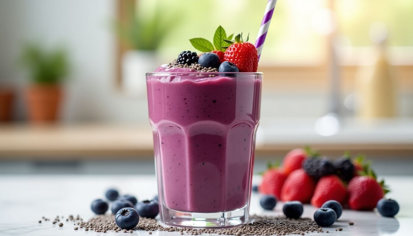 Acai berry smoothie with fresh berries and chia seeds.