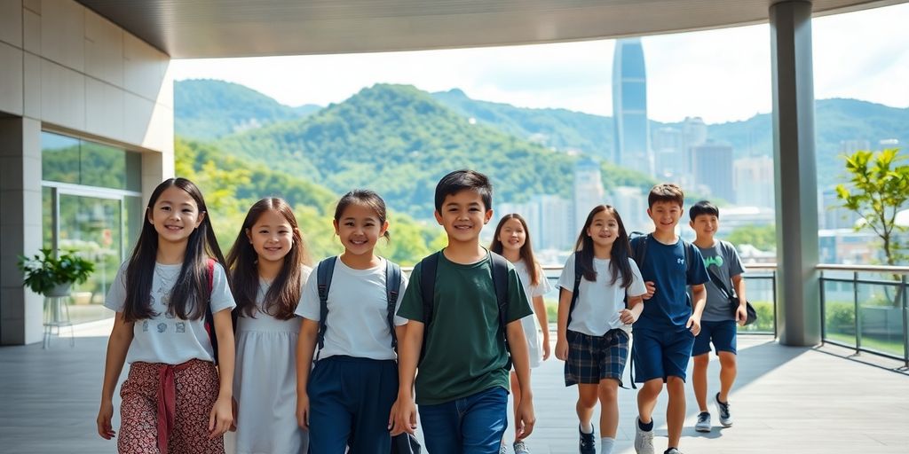 Students outdoors. Modern school building. Hong Kong cityscape.